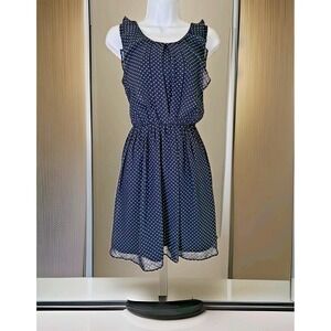 IZ Byer Mini Dress M Blue Polka Dot Sleeveless Ruffle Detail Cinch Waist Chiffon